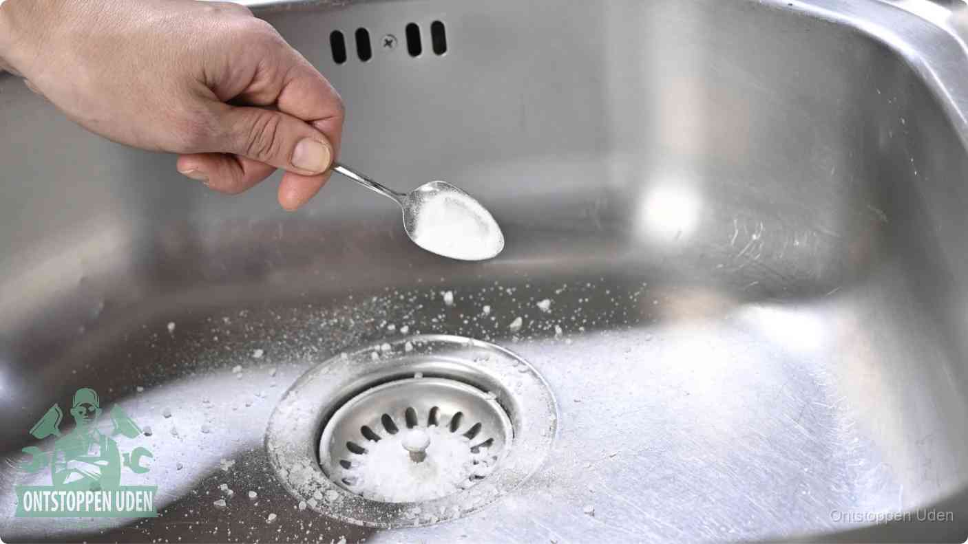 Een hand strooit met een lepel soda in de afvoer van een roestvrijstalen spoelbak, de soda en azijn huismiddel-methode om de afvoer te ontstoppen in Uden