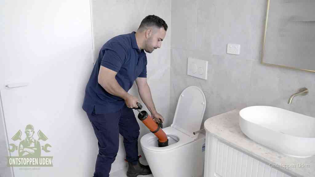Een monteur gebruikt een handmatige perspomp (toiletontstopper) op een wandcloset tijdens het professioneel wc ontstoppen in Uden